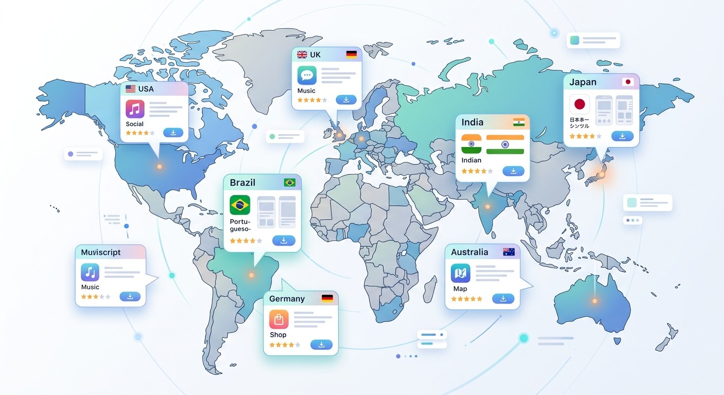 World map showing localized app store listings in different countries and languages for global ASO reach