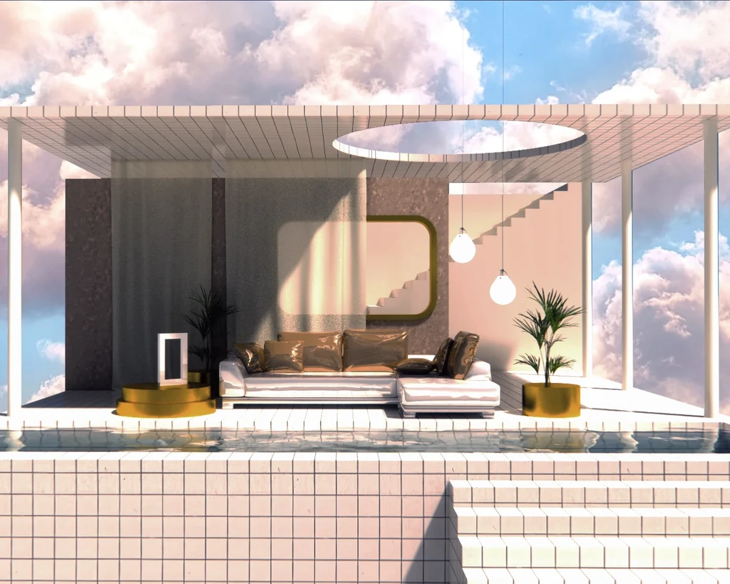 A bright living room with a pool and a sun roof, creating a serene and luxurious atmosphere.