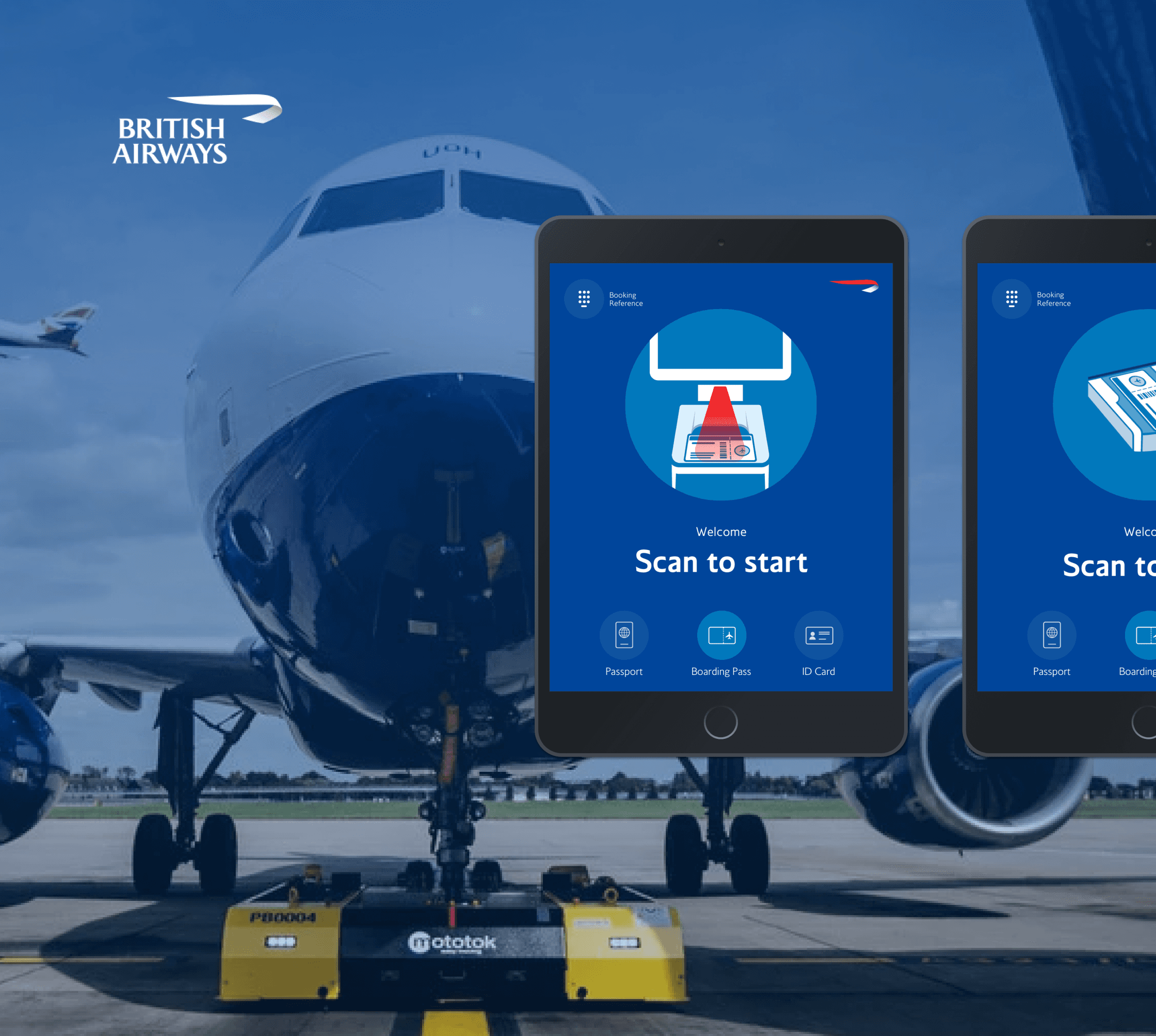Project tile for British Airways showing a plane and a digital kiosk screen with the “Scan to start” interface. The design represents the redesigned self-service kiosk experience at Heathrow Terminal 5, created to help passengers quickly find gates, print boarding passes and complete their journey independently through a clear, visual interface.