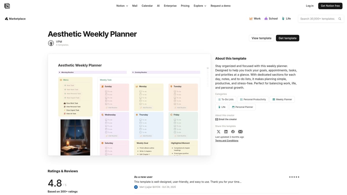 7 Best Notion Planner Templates to Organize Your 2025 - Aesthetic Weekly Planner by VPM (Free)