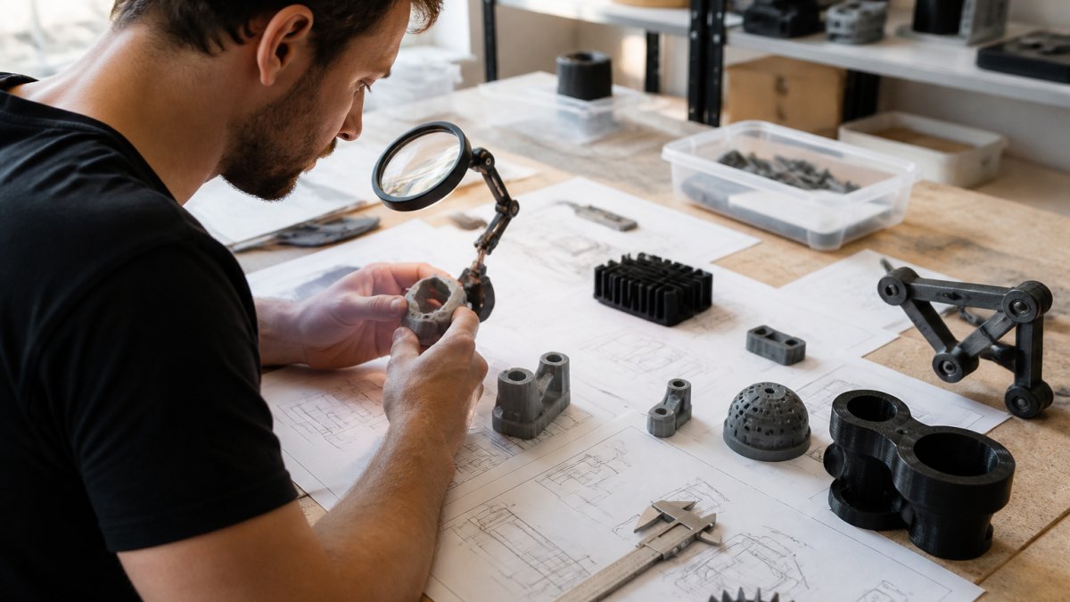 Designer evaluating 3D-printed prototypes and tools for small batch production on a studio workbench.