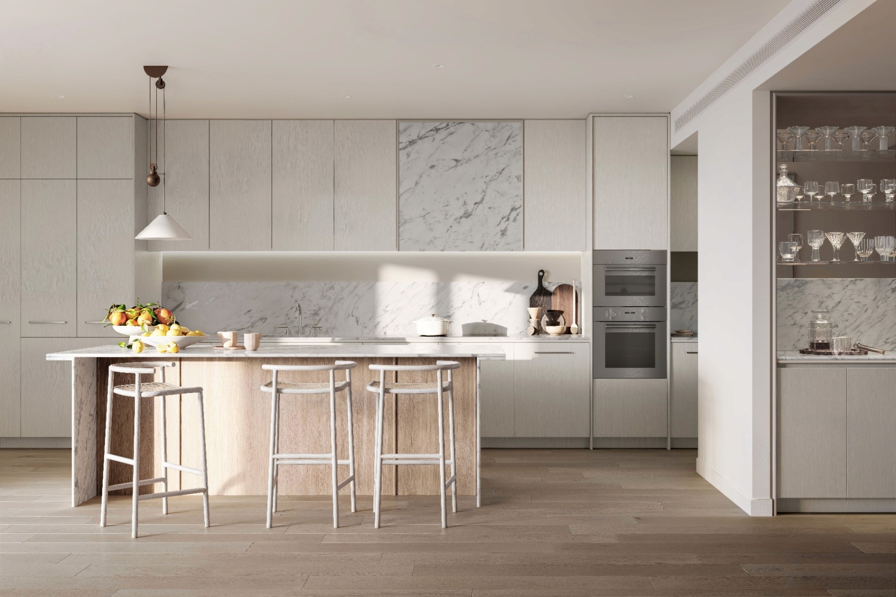 Architect-designed kitchen at Alex & Willow with stone finishes and premium appliances, part of an off-the-plan apartment available via Coposit with $10k.