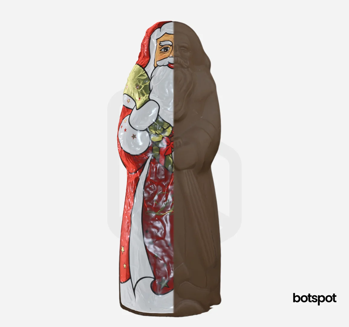 A half-and-half of the Santa Claus, one side wrapped, the other bare chocolate.