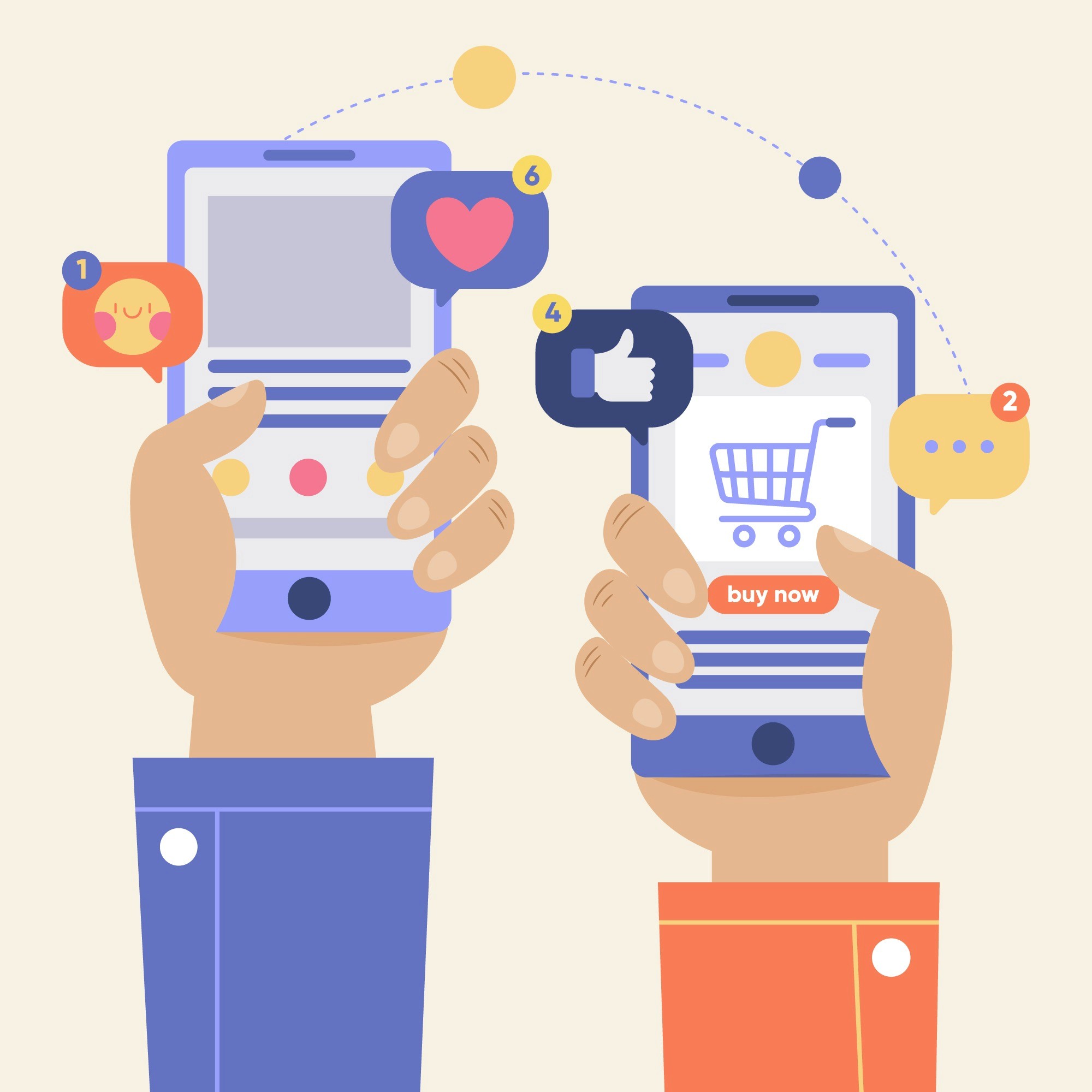 Two hands holding phones with social engagement icons and a shopping cart buy now screen