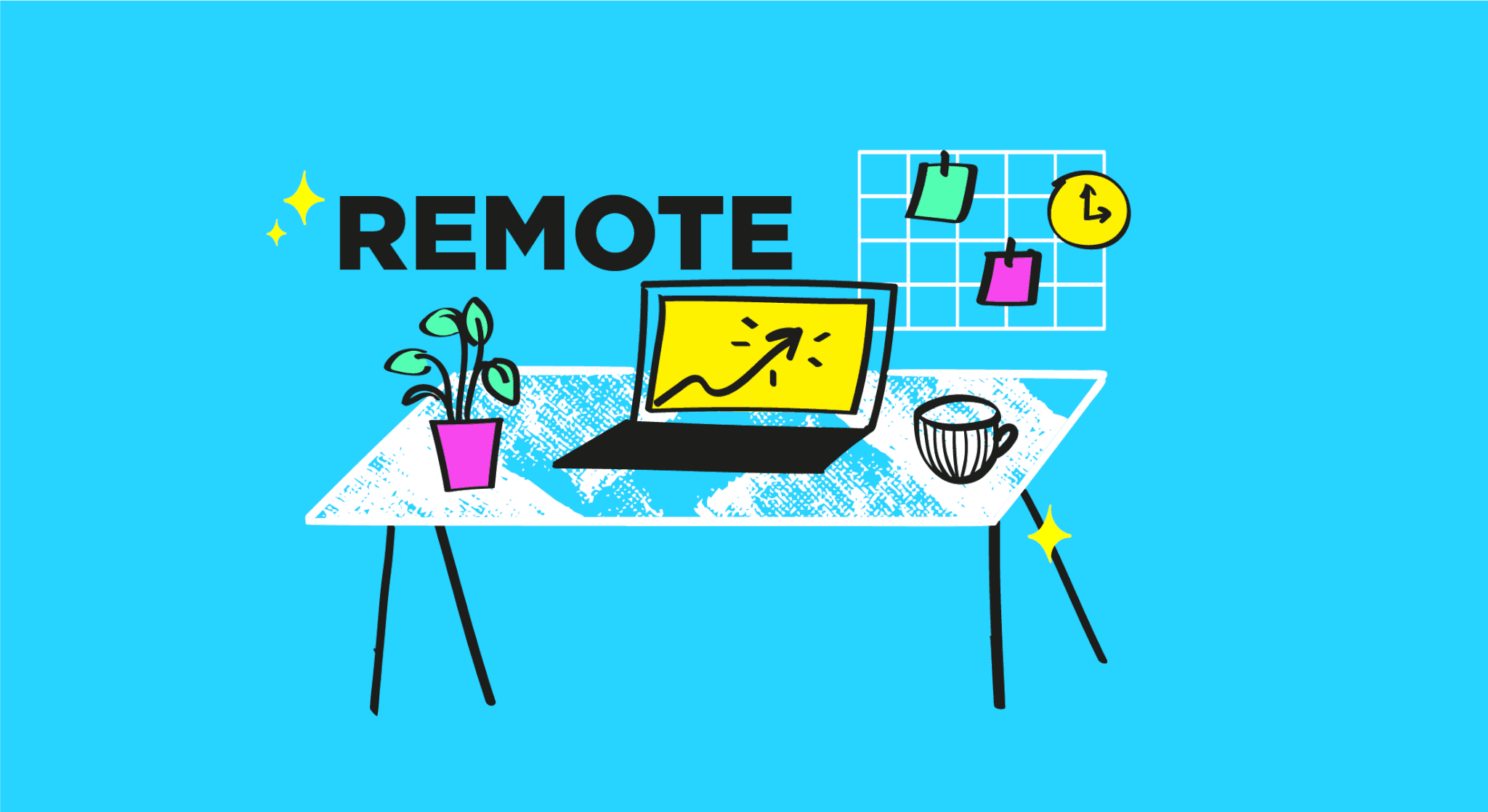 Remote work illustration with laptop showing upward trend, potted plant, coffee mug, and schedule board on blue