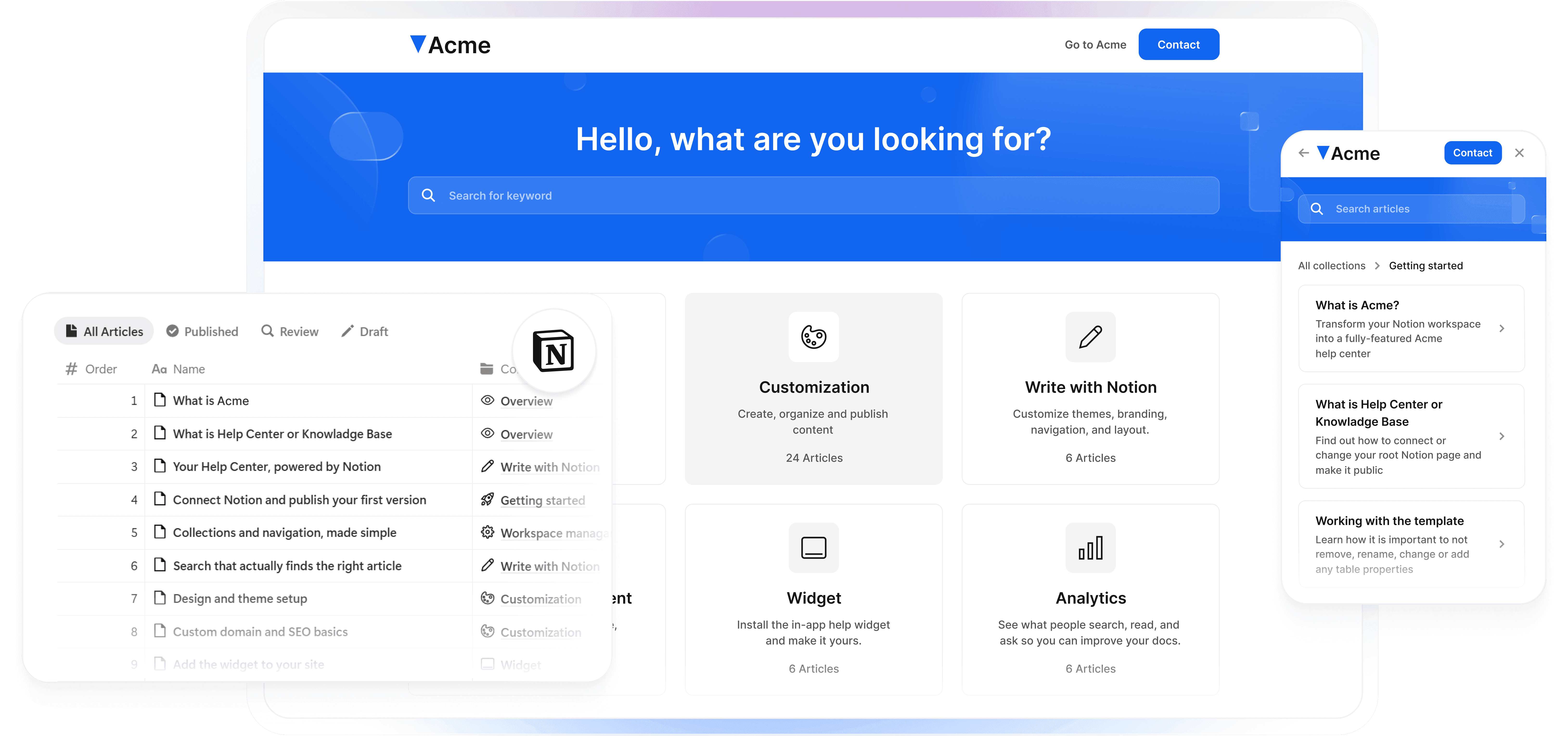 Helpview interface showing how to turn Notion into a searchable help center with articles, widget, and customization.