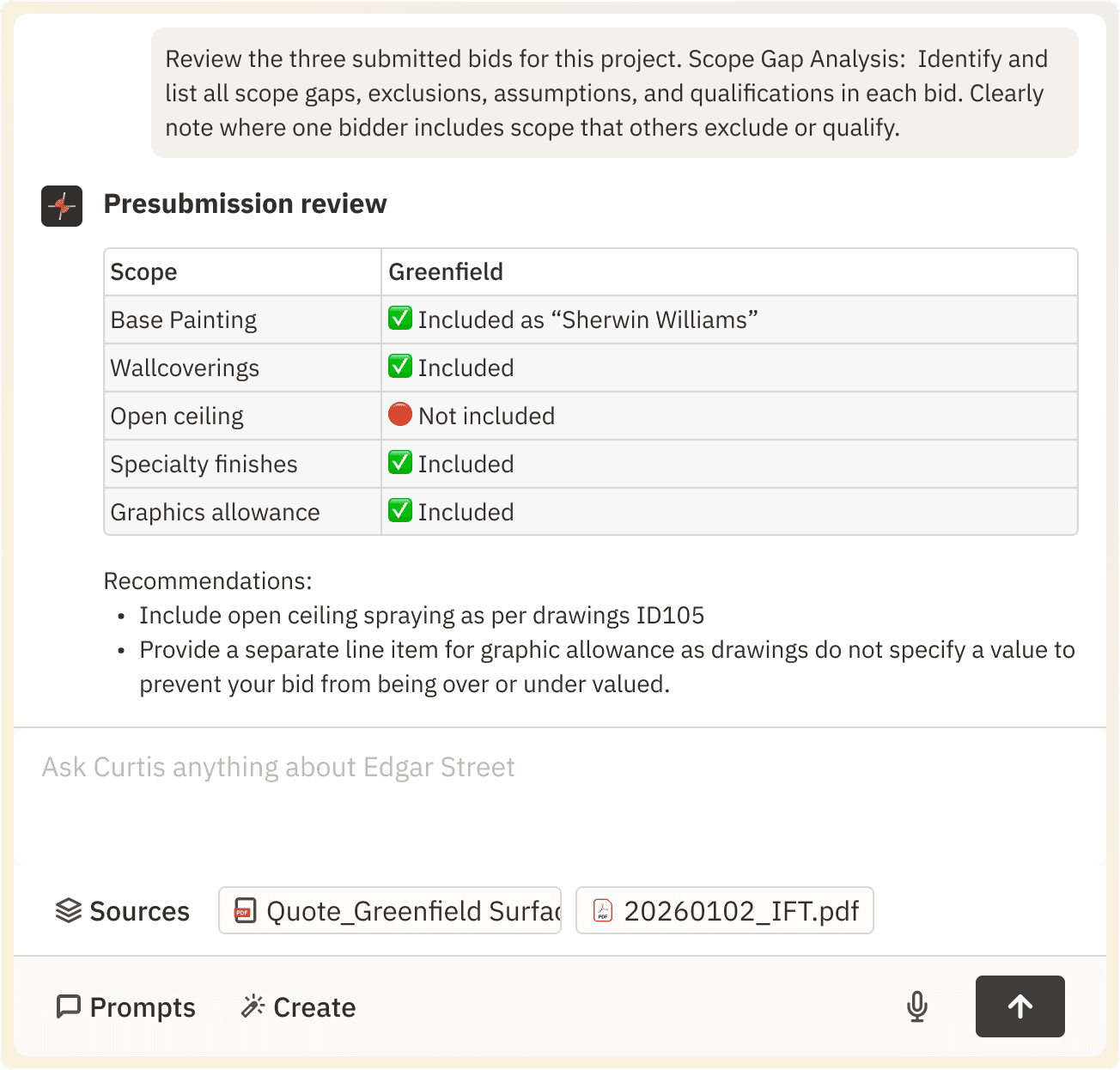 A 'Presubmission Review' screen for a subcontractor bid, showing a compliance table with green checkmarks and red alerts, followed by specific AI-generated recommendations for improvement.
