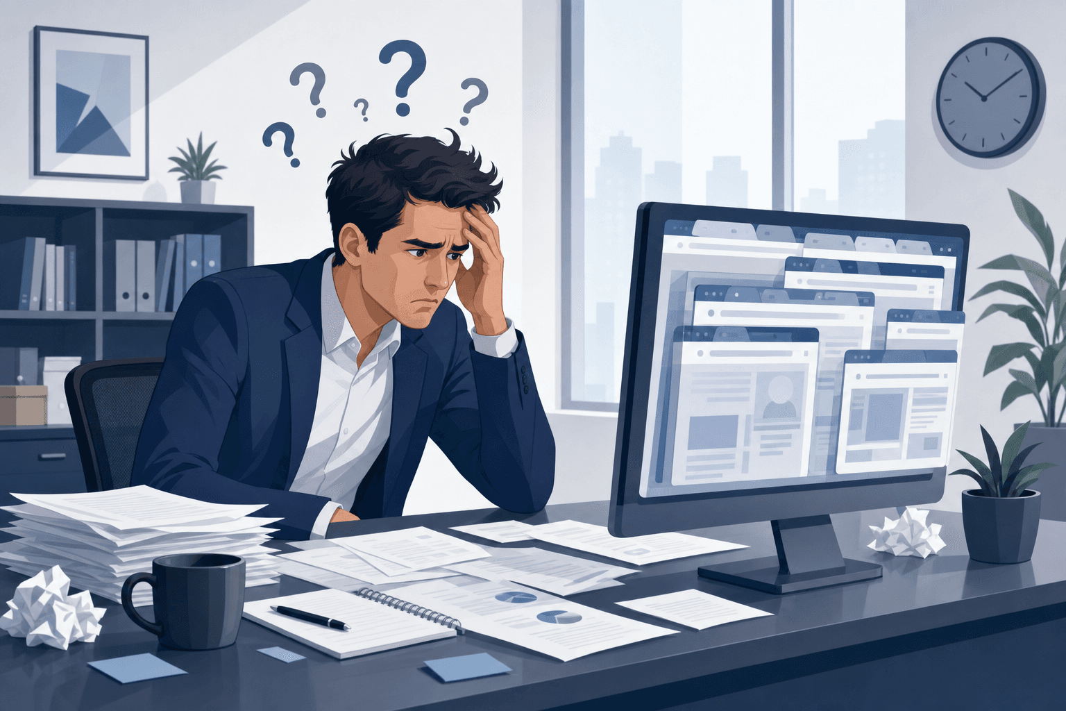 A professional illustration showing a frustrated sales representative at a desk looking at a computer screen with question marks floating above their head, surrounded by scattered papers and multiple browser tabs open, conveying confusion and wasted time in a modern office environment with a clean, minimalist style using blue and gray tones