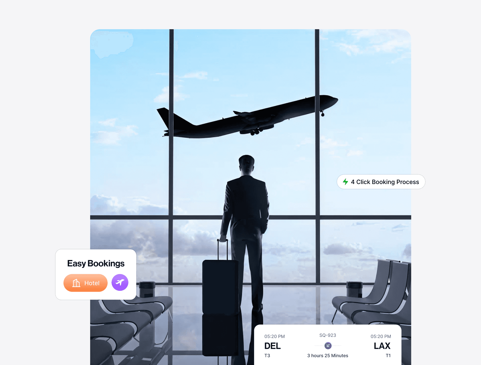 A business traveler with a suitcase gazes out a large airport window as a plane takes off, symbolizing seamless corporate travel and easy bookings, with an adjacent web interface highlighting travel services and contact options.