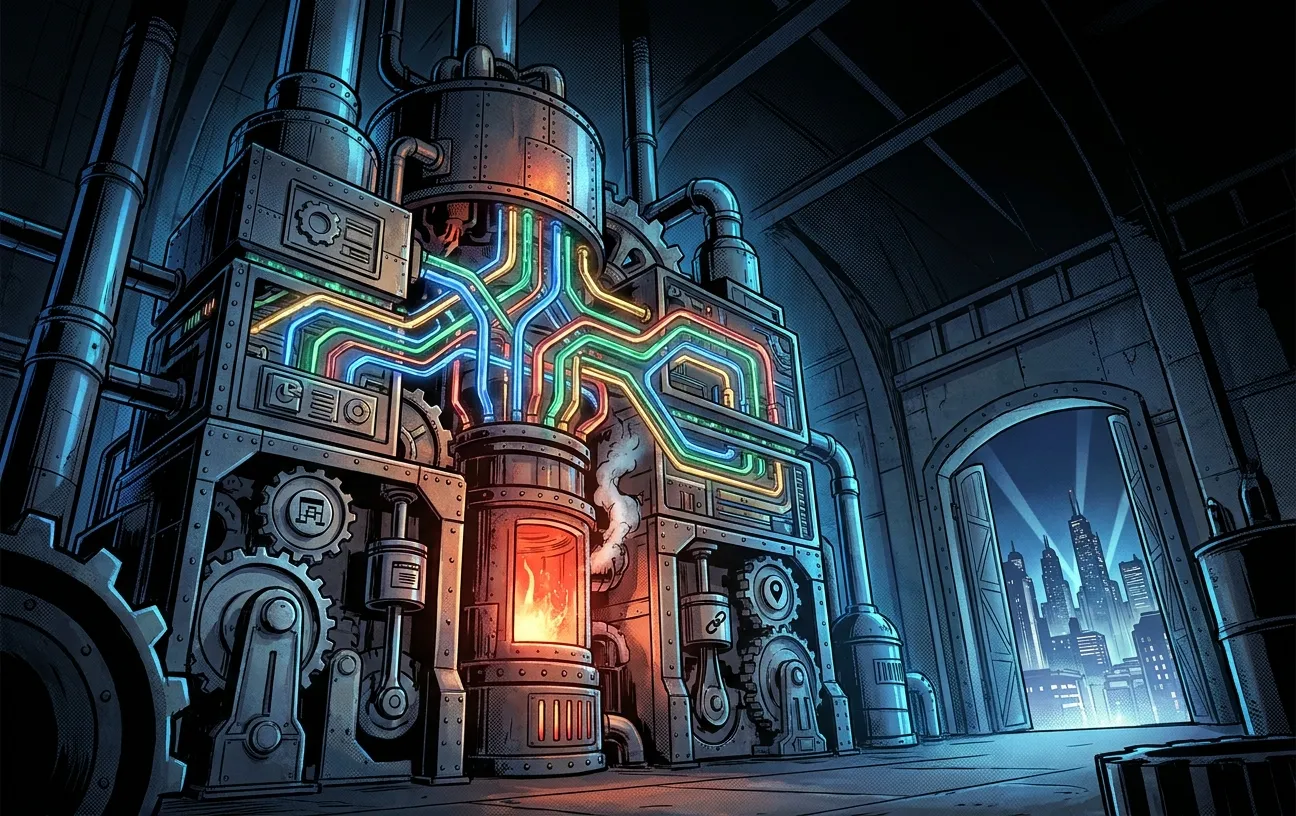 Futuristic machine in a cityscape, symbolizing RockN' Socials Digital Marketing Agency.