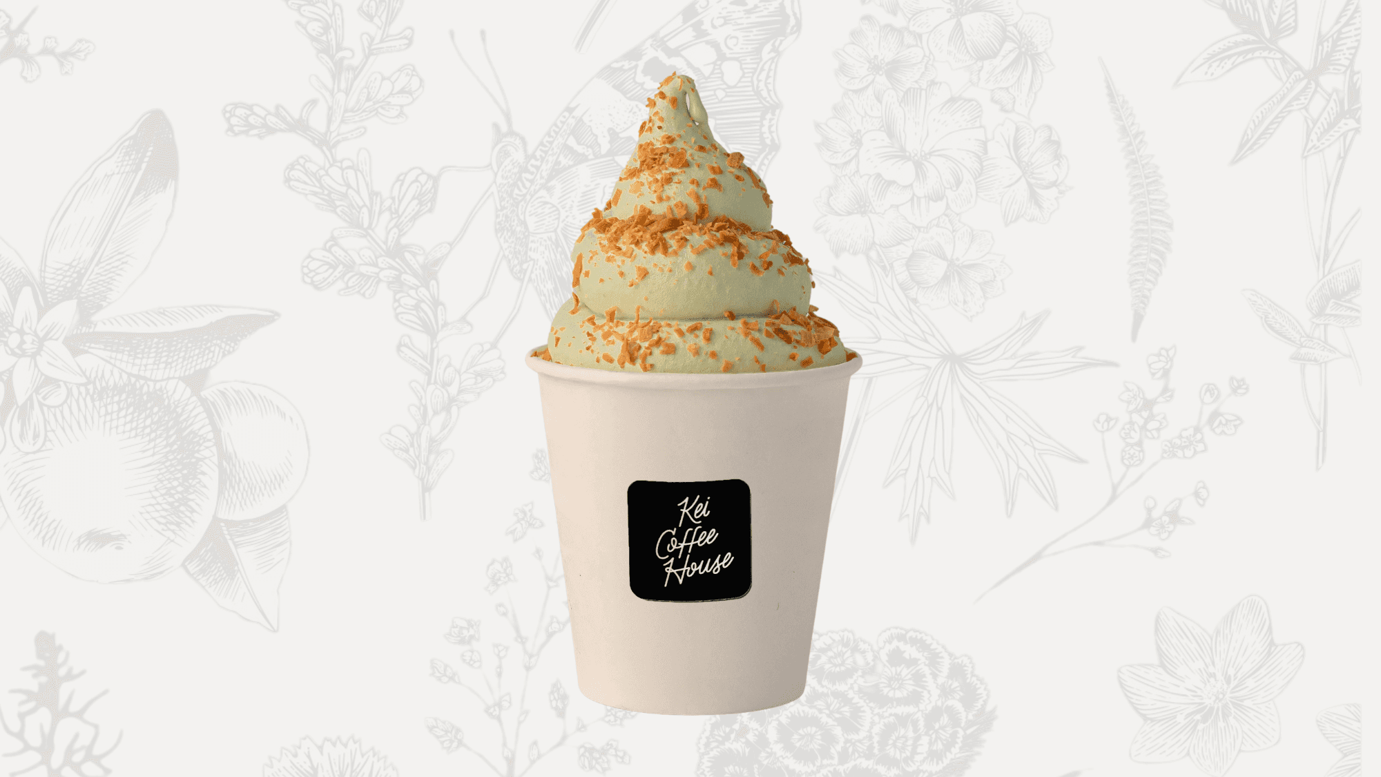 A creamy swirl of pandan and coconut milk soft serve in a cup, showcasing its pale green hue and smooth texture.