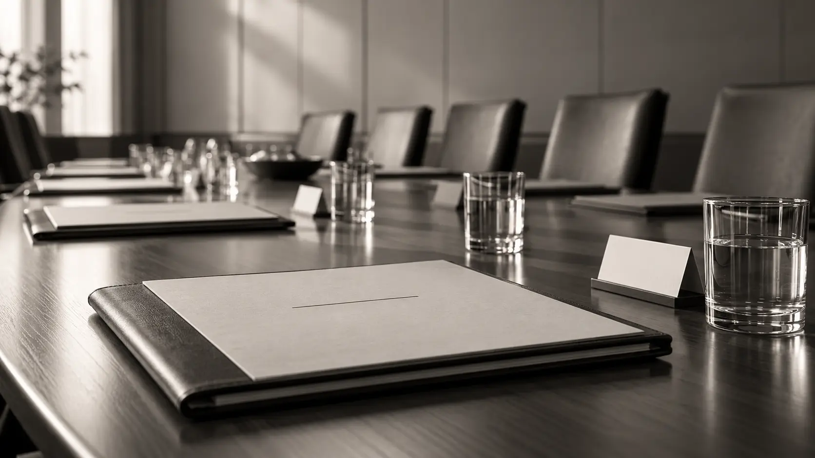 A boardroom table set before a shareholder meeting, with bound documents and water glasses at each place