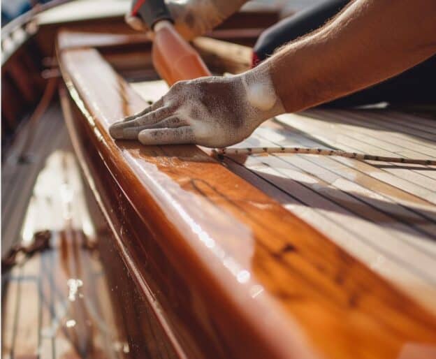 Teak on a boat being restored and worked on by someone wearing gloves. Close up shot of shiny wooden boar
