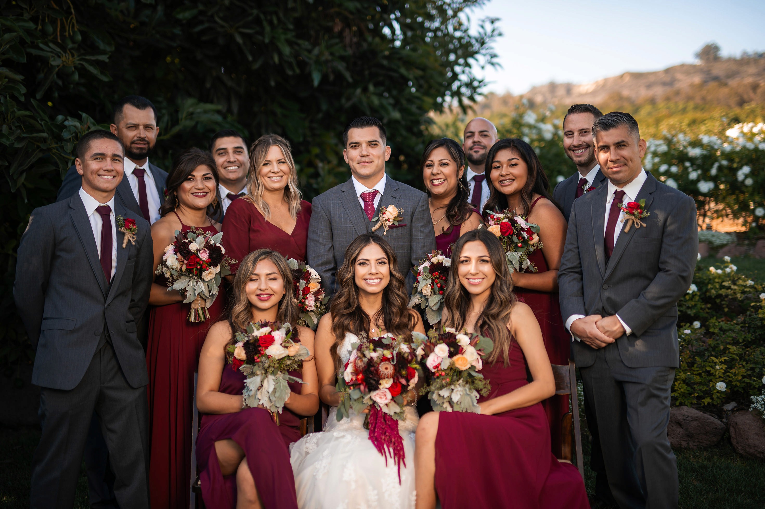 Wedding party portraits at Gerry Ranch under clear skies