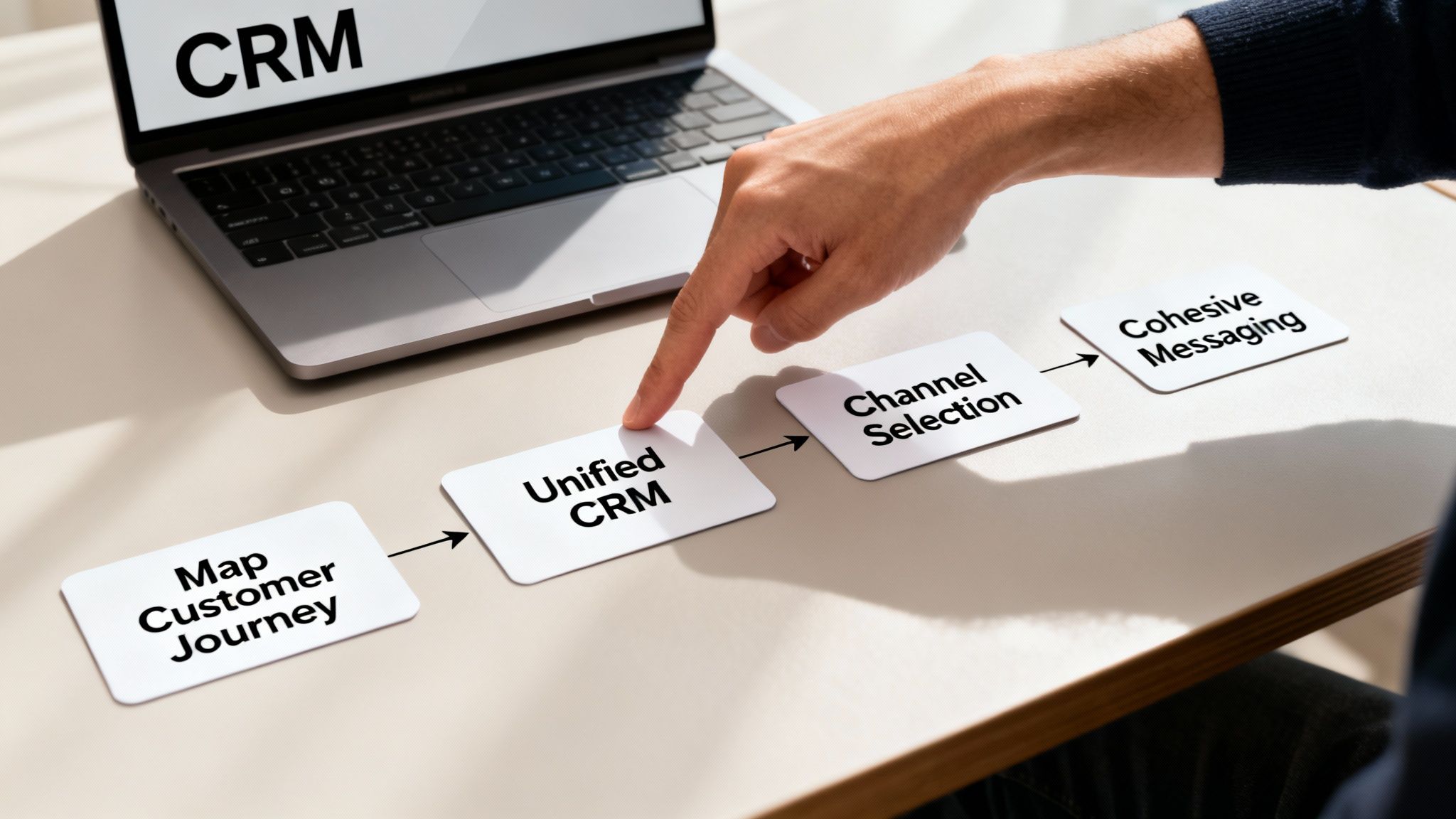 A hand points to 'Unified CRM' in a business process flowchart with a laptop displaying 'CRM'.