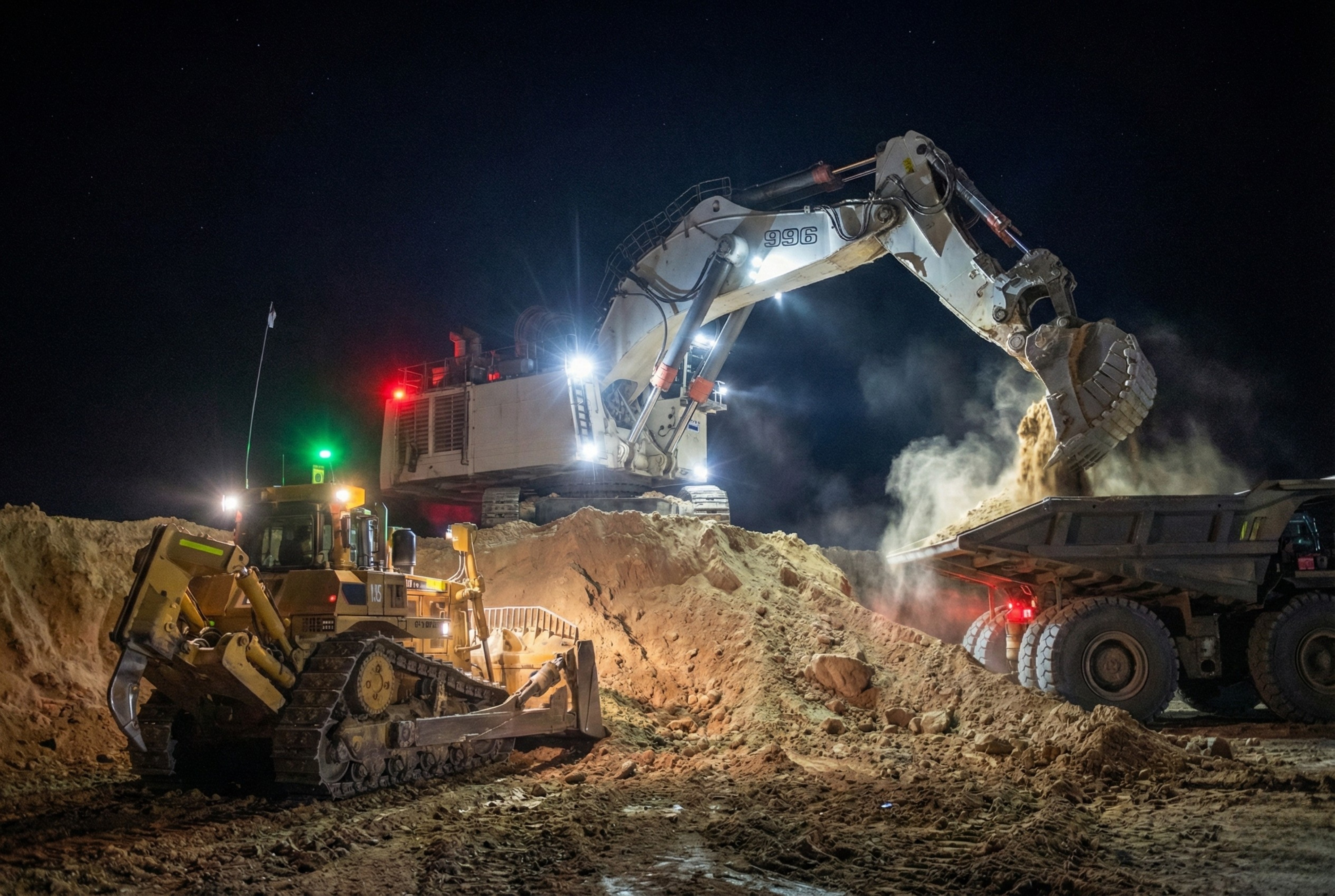 A dynamic night shot of heavy mining machinery. A massive white hydraulic excavator with a bucket full of dirt loads a large dump truck, kicking up dust under bright work lights. A yellow bulldozer works on a large pile of earth nearby. The scene is dark with starry skies, but the equipment is illuminated by their own lights.