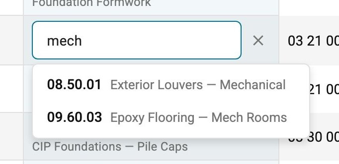 Manual code search opened from the same cell: typing "mech" returns ranked matches for Mechanical-related WBS codes.