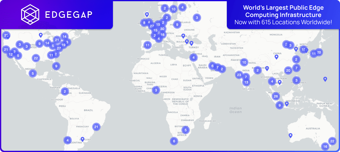Worldwide maps with 615 locations of Edgegap distributed edge network