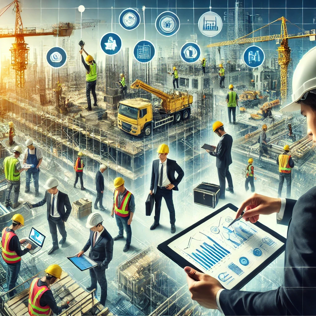 Cette image représente un chantier avec plusieurs équipes de sous-traitants travaillant simultanément, sous la supervision d’ingénieurs et de chefs de projet utilisant des outils numériques pour coordonner les tâches. 🚀