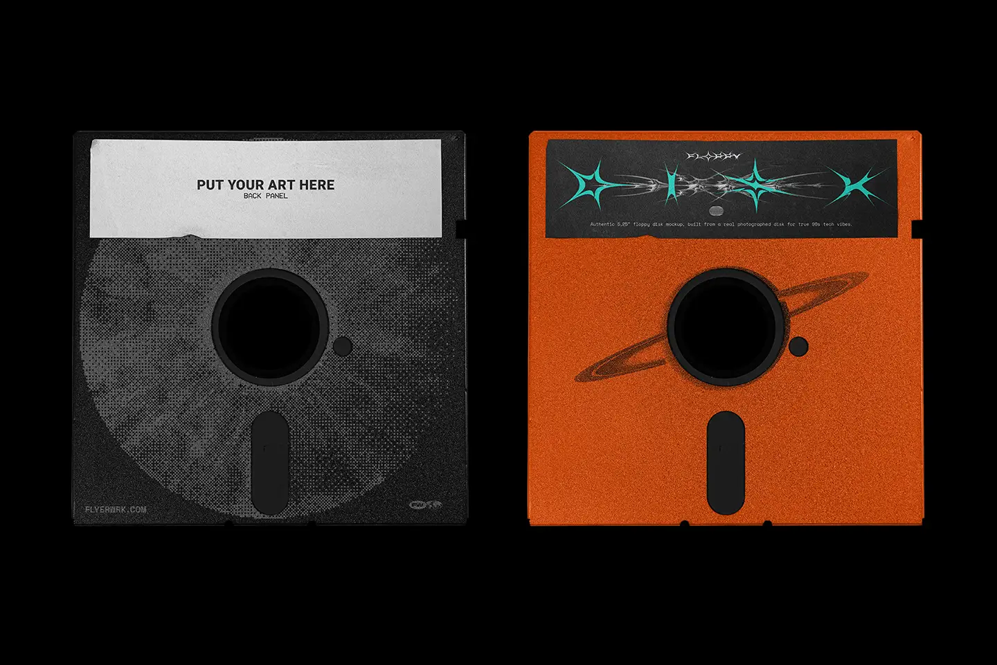Vintage Floppy Disk 5.25 inch Mockup showing orange and black disk variations with customizable labels and textures