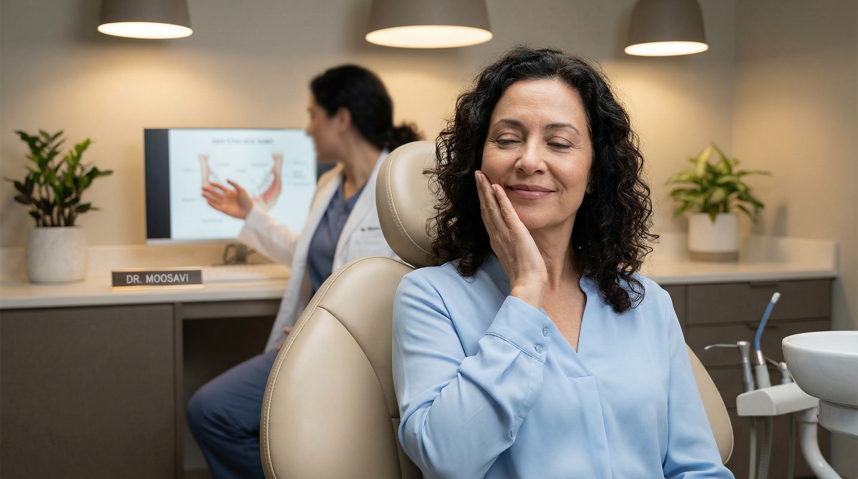 Patient performing gentle TMJ jaw exercises under professional guidance at Veda Family Dentistry, demonstrating non-surgical treatment methods for temporomandibular joint disorder in West New York, New Jersey.