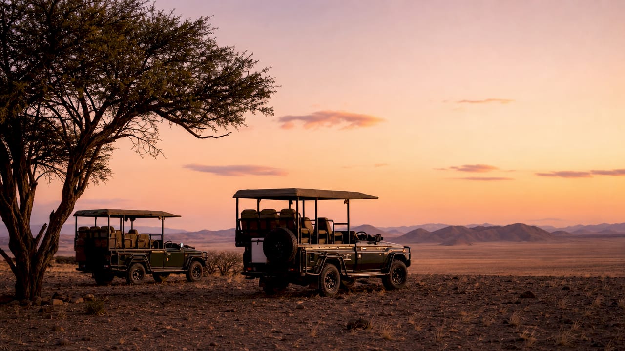 Safari vehicles by acacia trees at dusk
