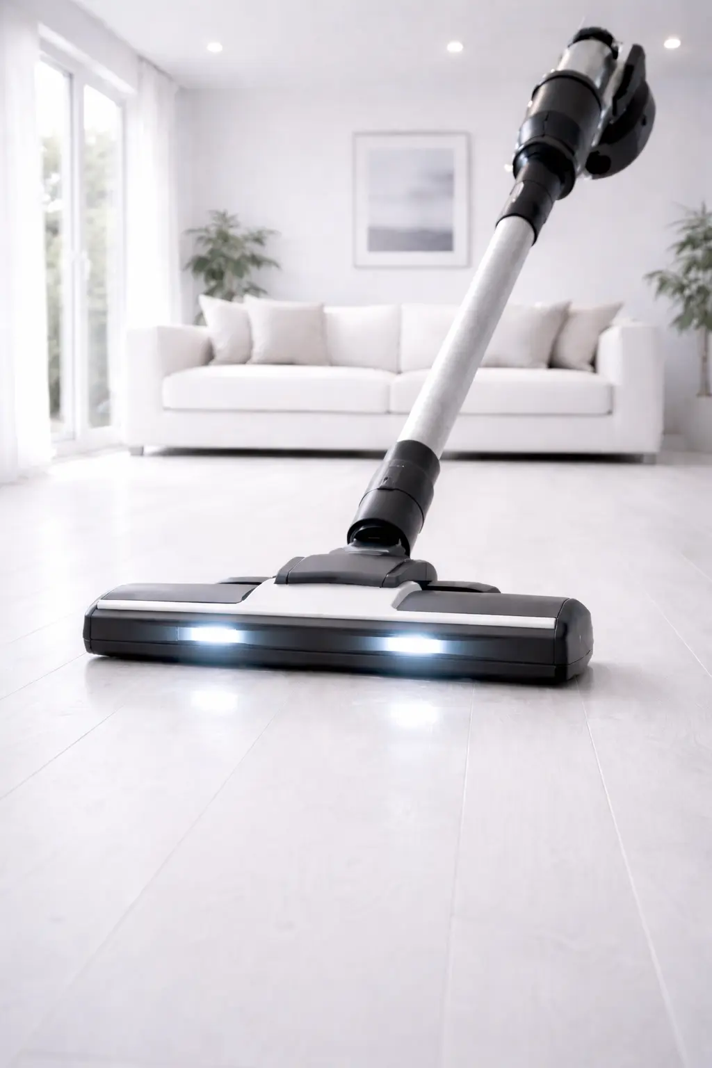 Close-up of a modern vacuum on a bright, minimalist living room floor.