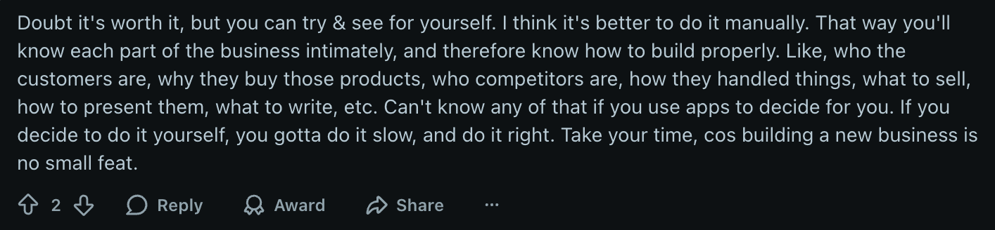 Reddit comment questioning value of product research tool