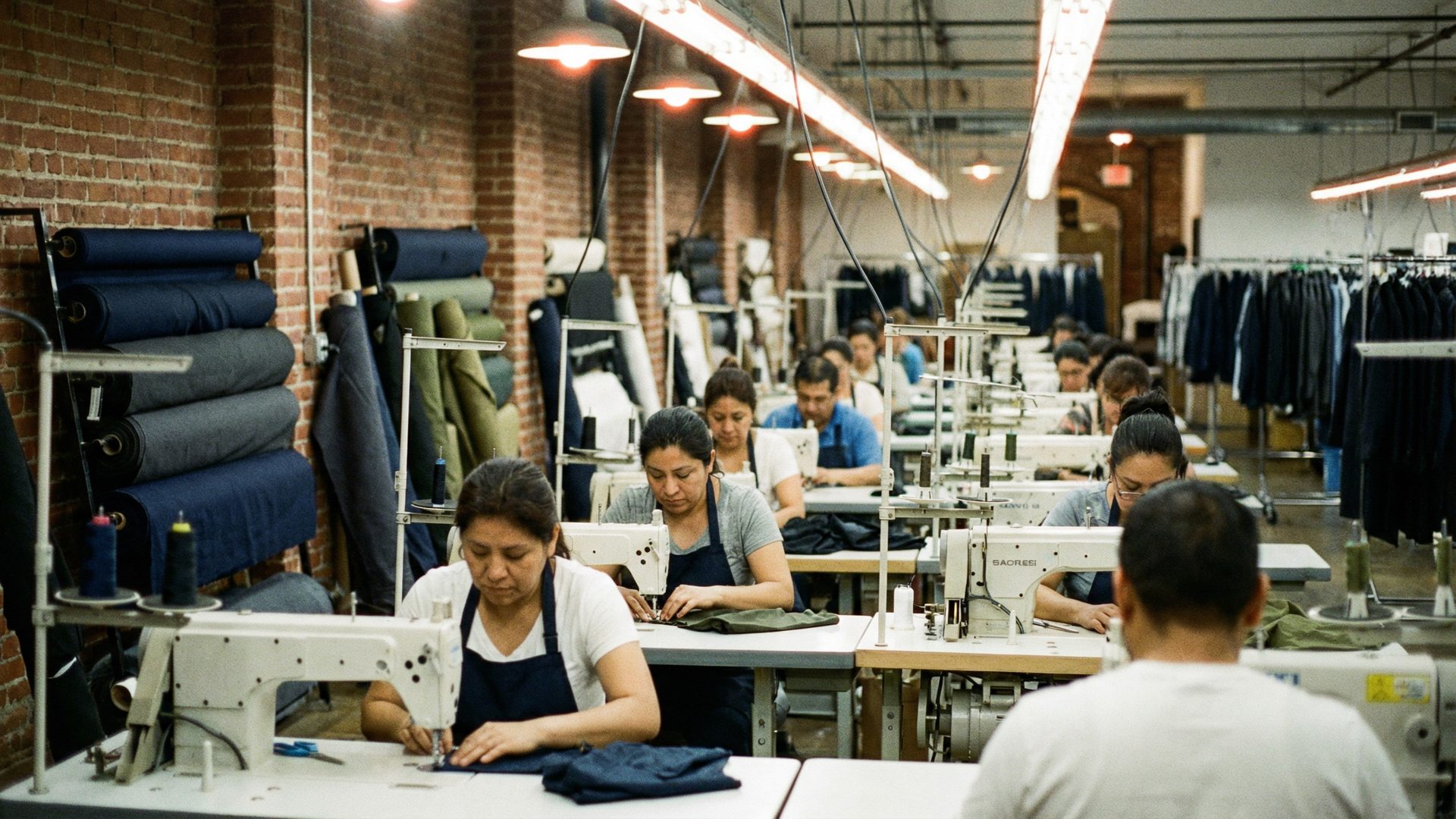 A professional apparel factory floor with rows of industrial sewing machines operated by skilled workers in a well-lit, organized space, with rolls of fabric in deep navy, charcoal, and olive green stacked along the walls and finished garments hanging on a rack in the background.