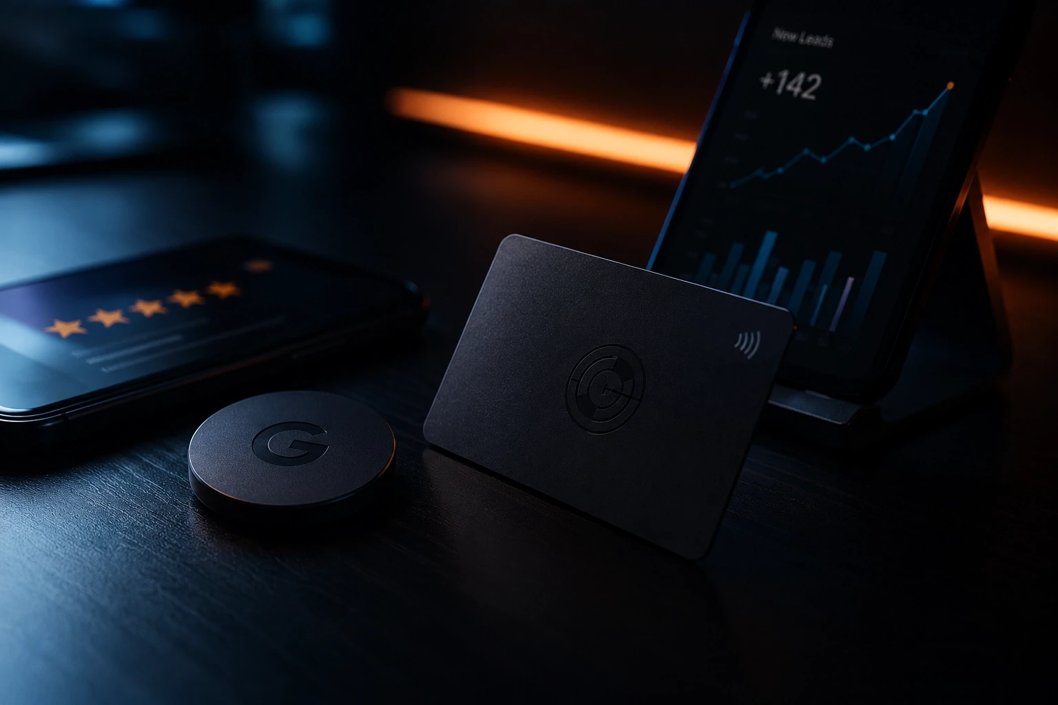 Cinematic NFC business card and Google review growth tools scene with smartphone analytics, review stars, and blue orange lighting for Lumis agency
