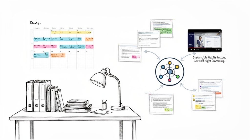 An illustration of a study desk with books and a lamp, a calendar, and digital resources.