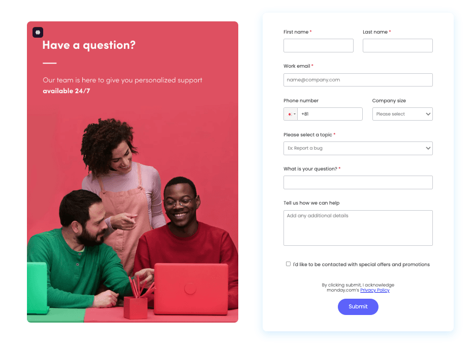Monday.com customer service page&nbsp;