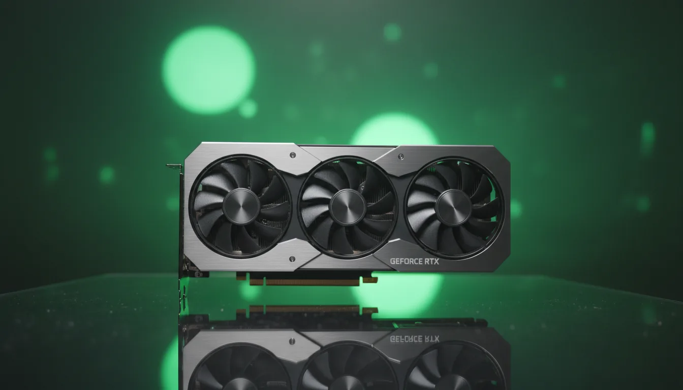 DSLR photography of an NVIDIA RTX 4090 Founders Edition graphics card resting on a dark, reflective desk. Soft studio lighting highlights the matte black metal and silver textures of the hardware. The background is illuminated by a vibrant, moody green ambient light, creating a cinematic contrast and a soft bokeh effect from a shallow depth of field. The focus is tack-sharp on the GPU.