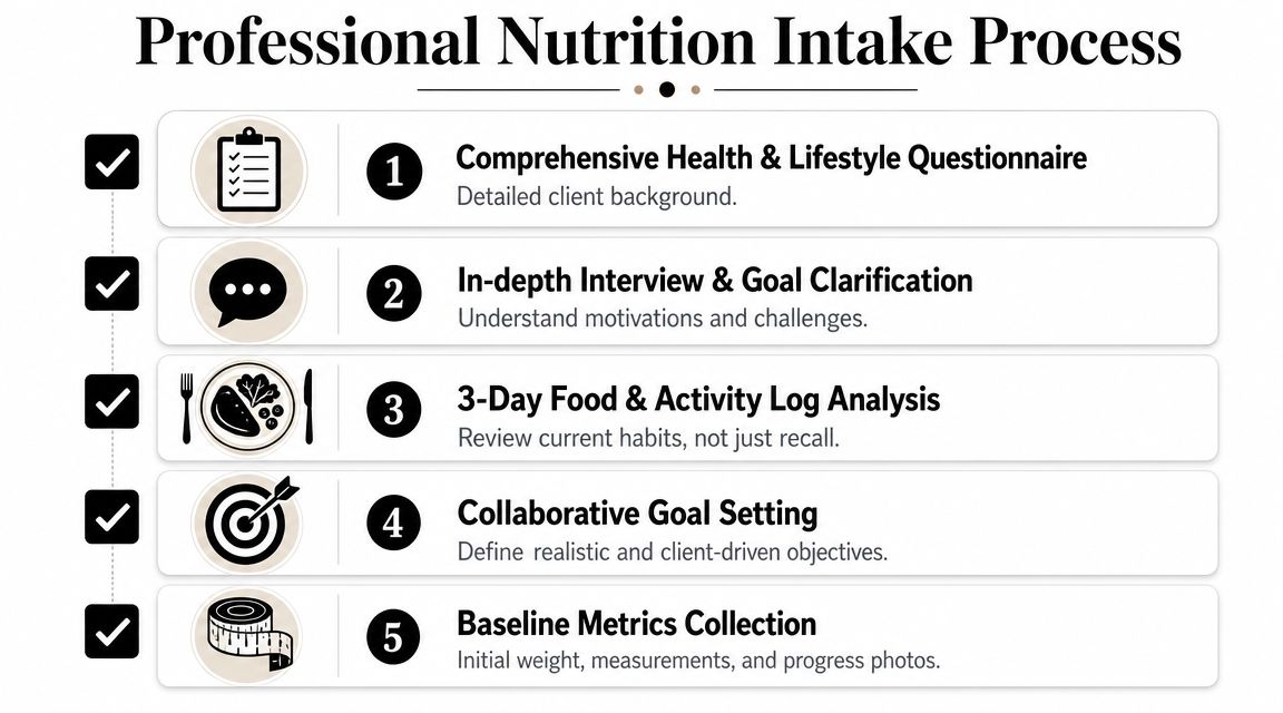 An infographic showing the five steps of a professional nutrition intake process for wellness coaching.
