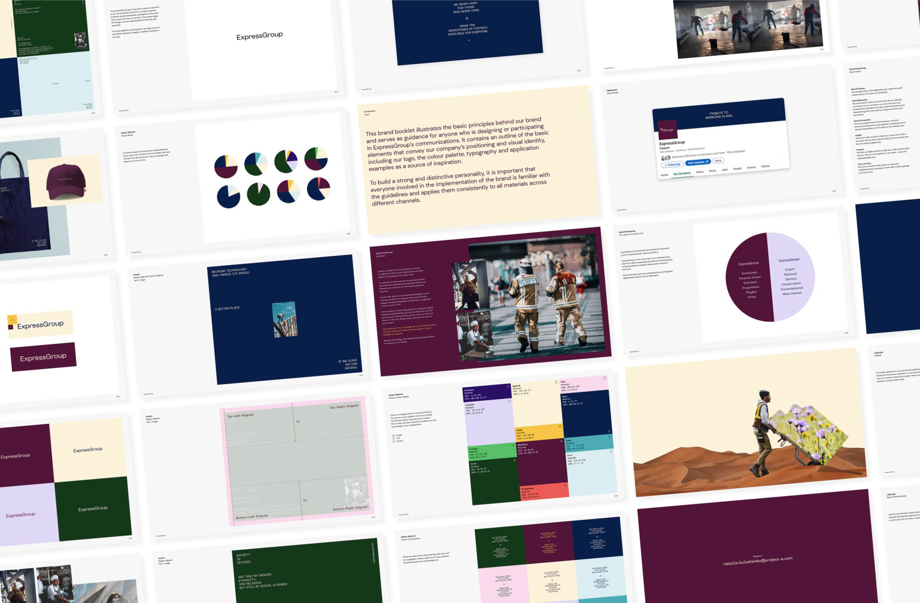 Spread of brand identity guidelines for ExpressGroup, featuring logo variations, color palettes, typography, visual assets, and layout compositions arranged in a clean, grid-based layout.