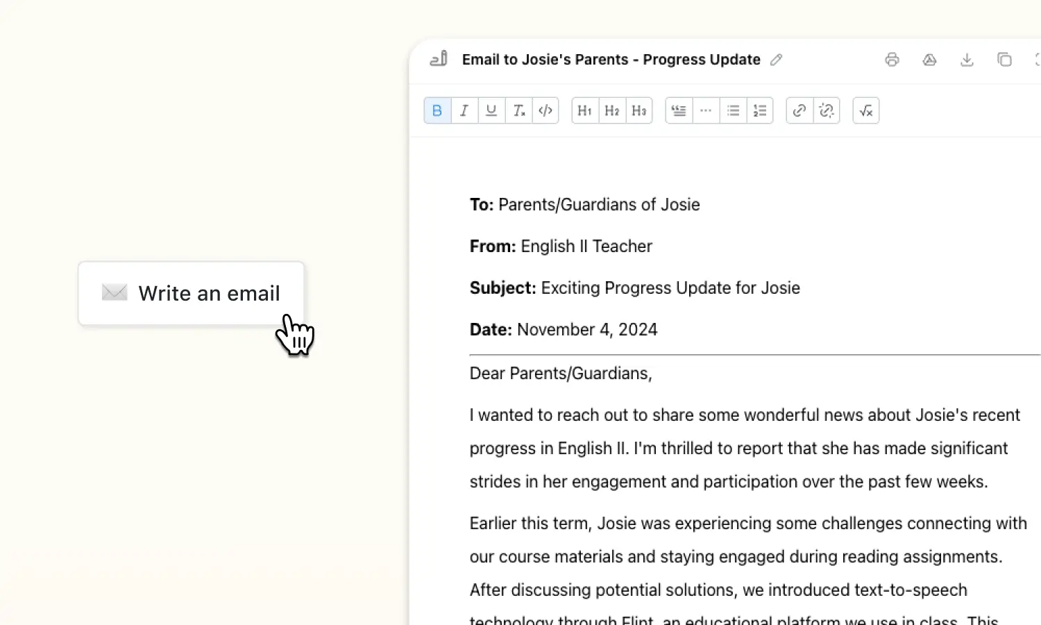 AI email writer hero image with screenshot of email