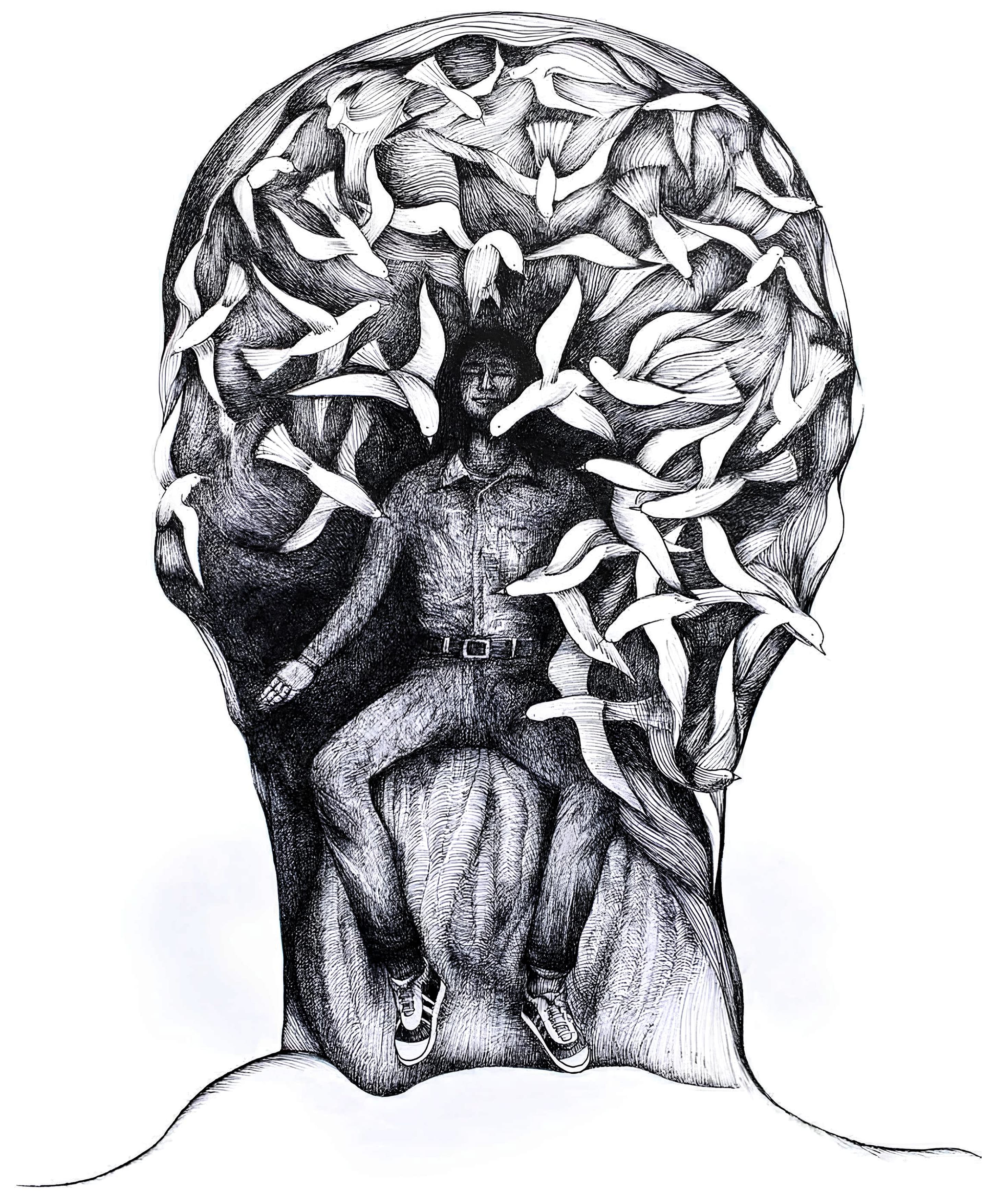 Full hand-drawn graphite illustration of a human head containing a seated figure surrounded by flying doves, symbolizing imagination, inner freedom, and the inner world of the mind.