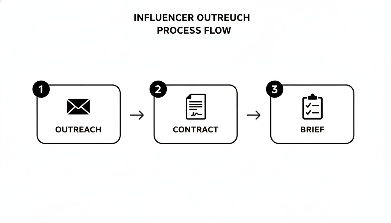 A clear influencer outreach process flow diagram showing steps: outreach, contract, and brief.