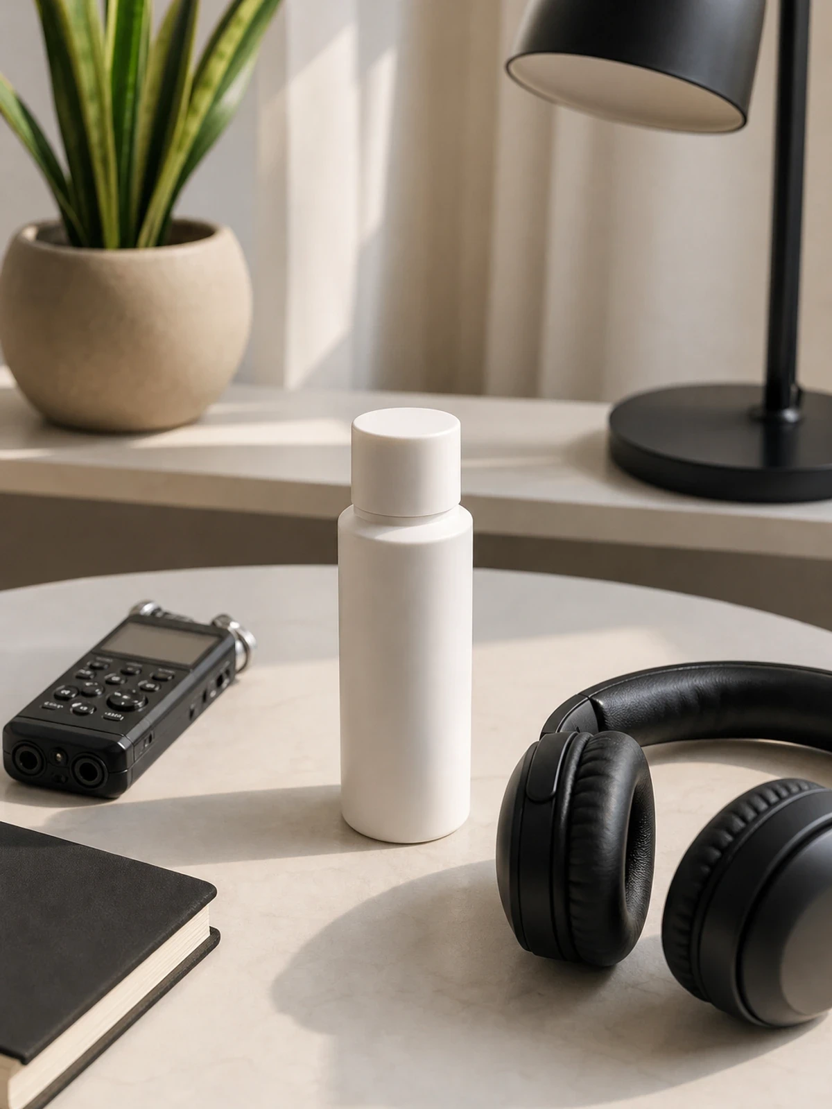 Unbranded cosmetic bottle beside headphones and an audio recorder for reviewing an AI ad voiceover.