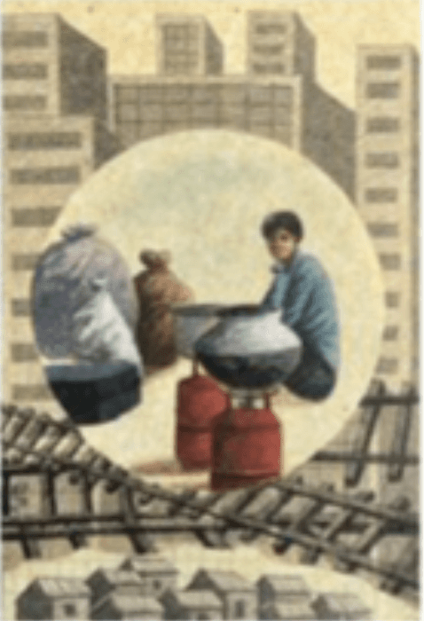 herd of sheep on road painting