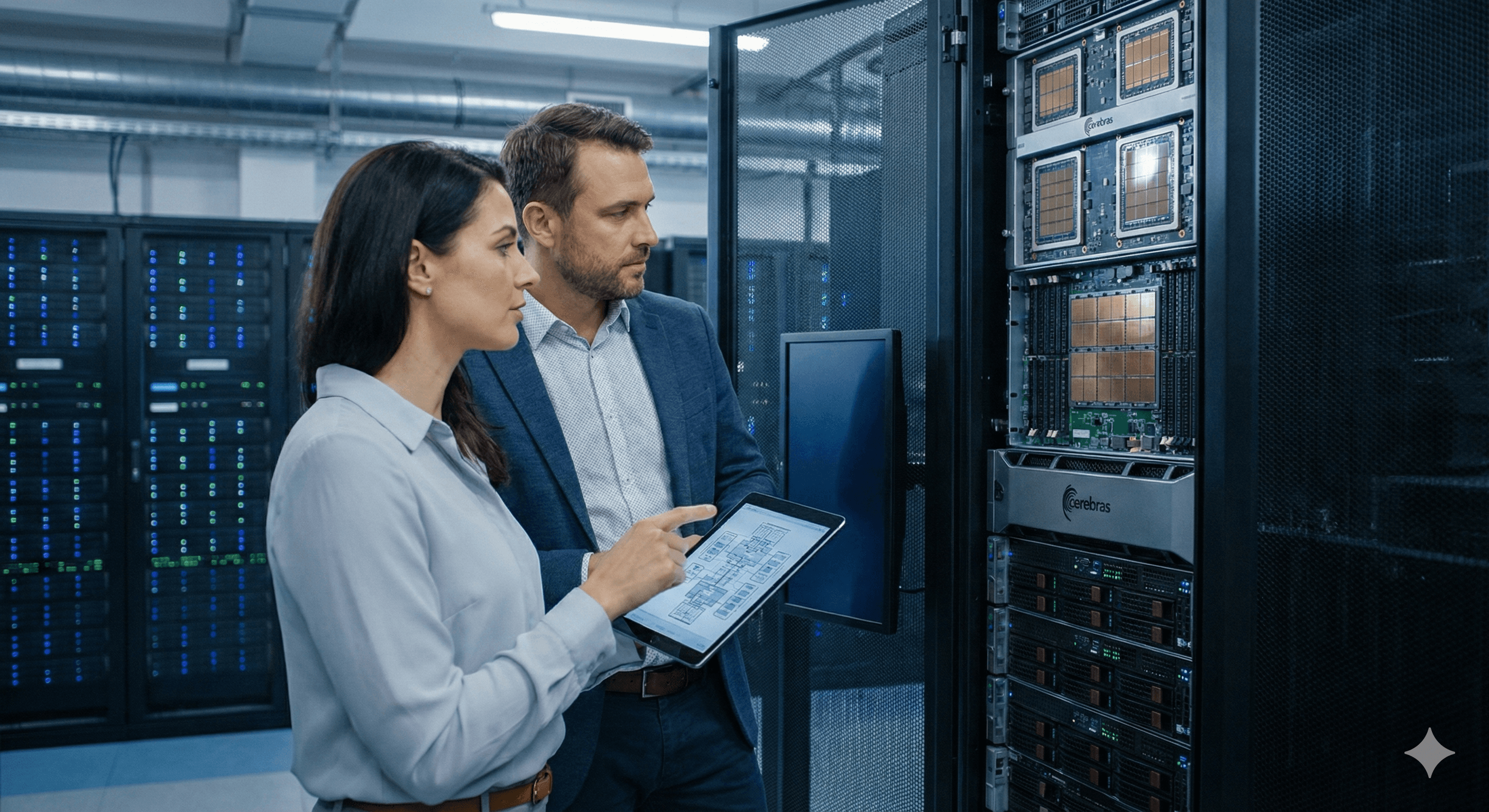 A man and a woman in business attire stand in a modern data center, examining servers and discussing AI technology; the woman holds a tablet displaying analytical data.