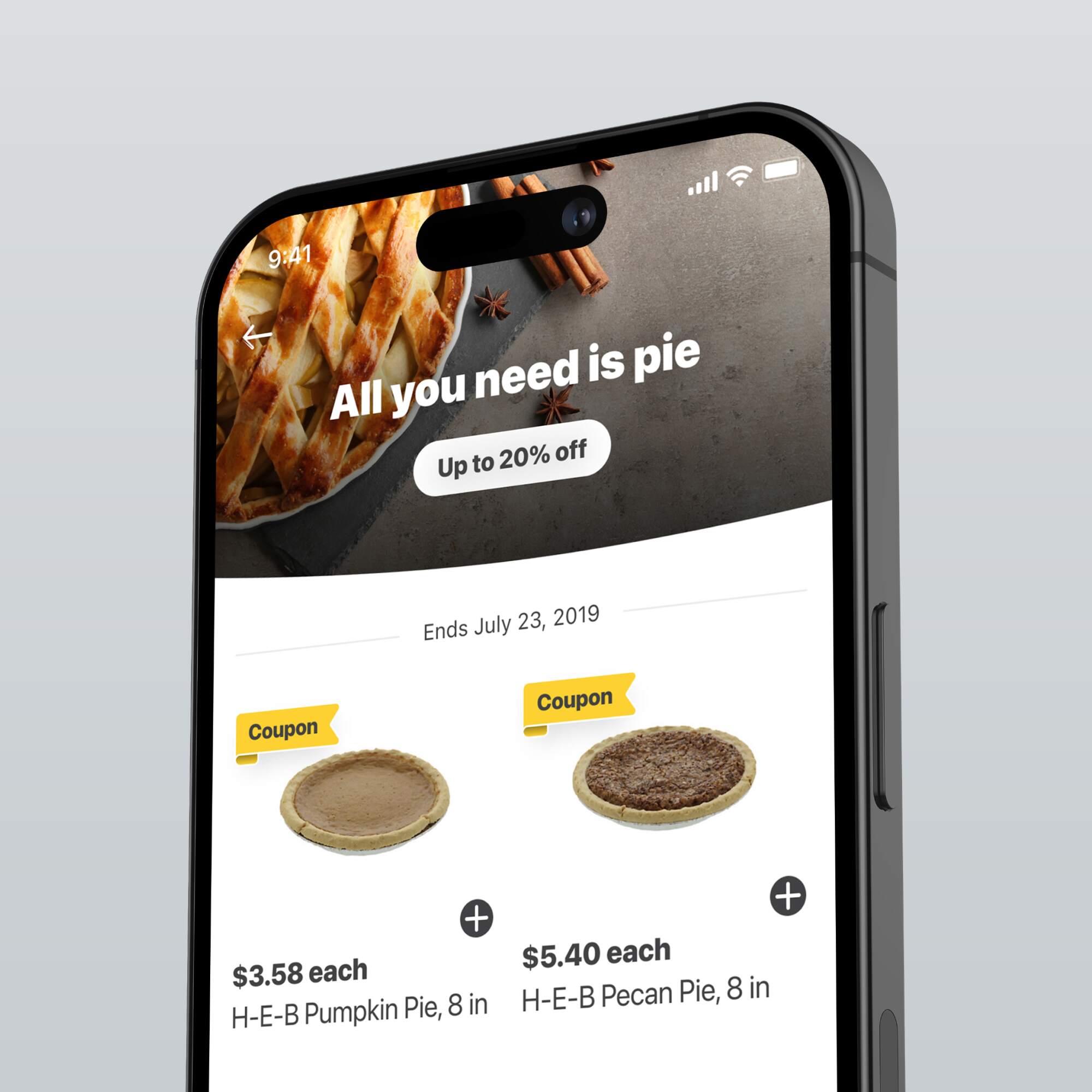A smartphone displaying the H-E-B app with a promotion for pies, featuring pumpkin and pecan pie options.