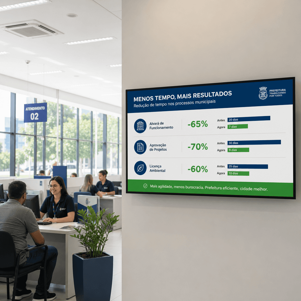 Dashboard de alvará digital com métricas de redução de tempo e eficiência operacional