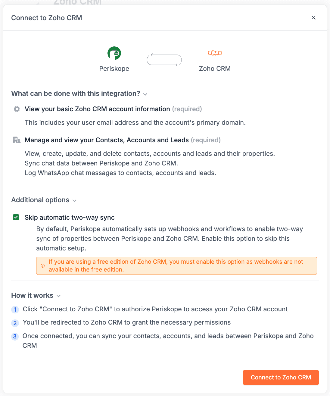 Zoho CRM connect modal in Periskope with the skip automatic two-way sync option