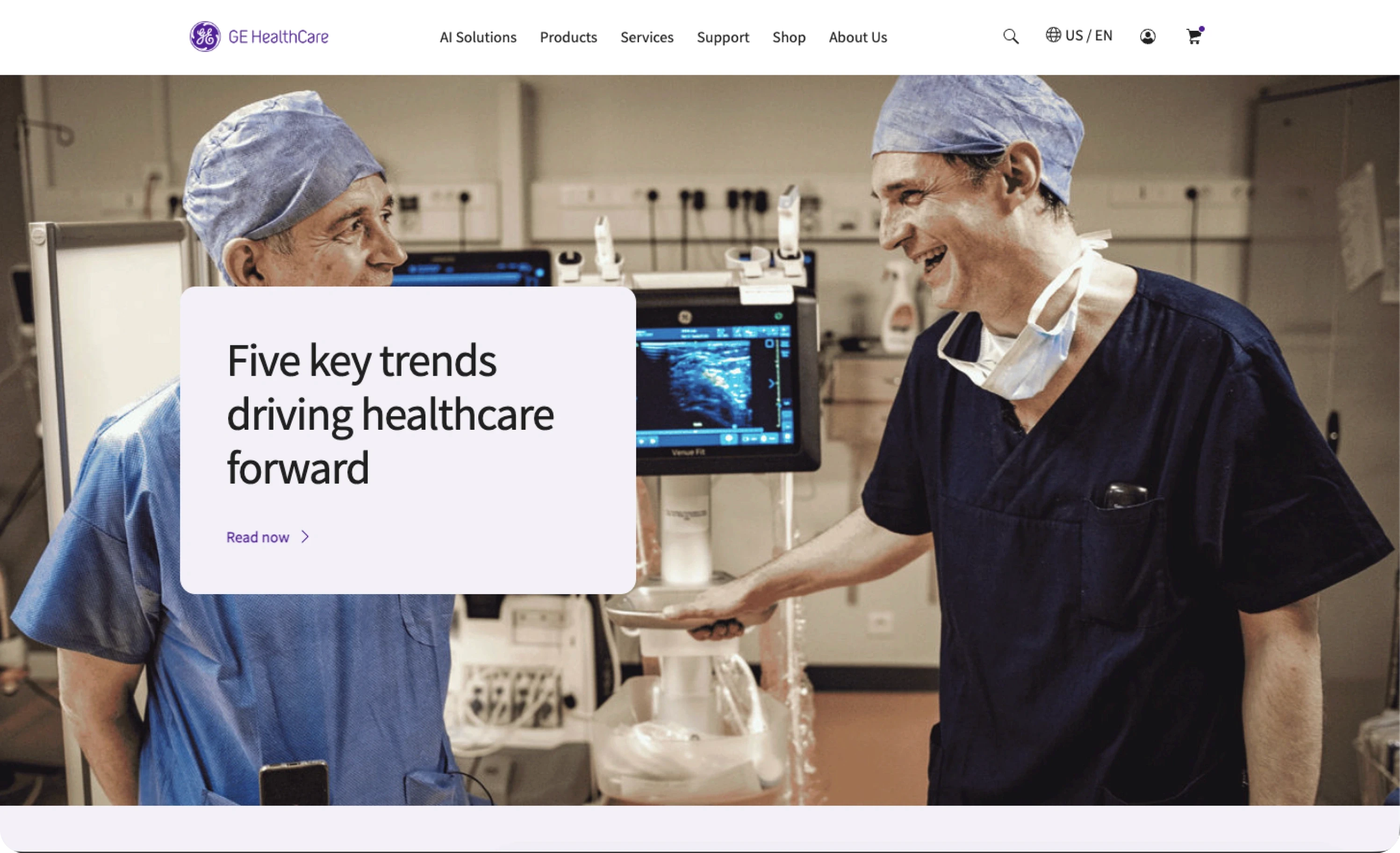 E HealthCare website homepage showing two surgeons in an operating room with medical imaging equipment, with the headline Five key trends driving healthcare forward
