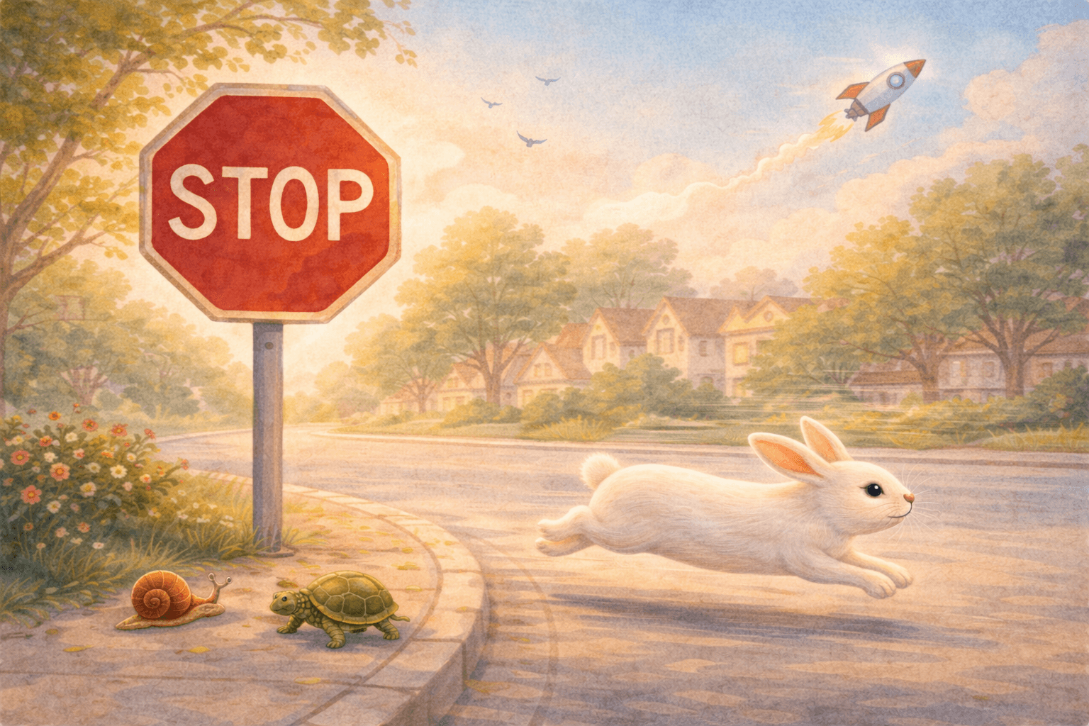 Ilustração em aquarela de um coelho correndo rápido enquanto uma lesma e uma tartaruga seguem devagar, simbolizando diferentes ritmos de acúmulo de pontos.