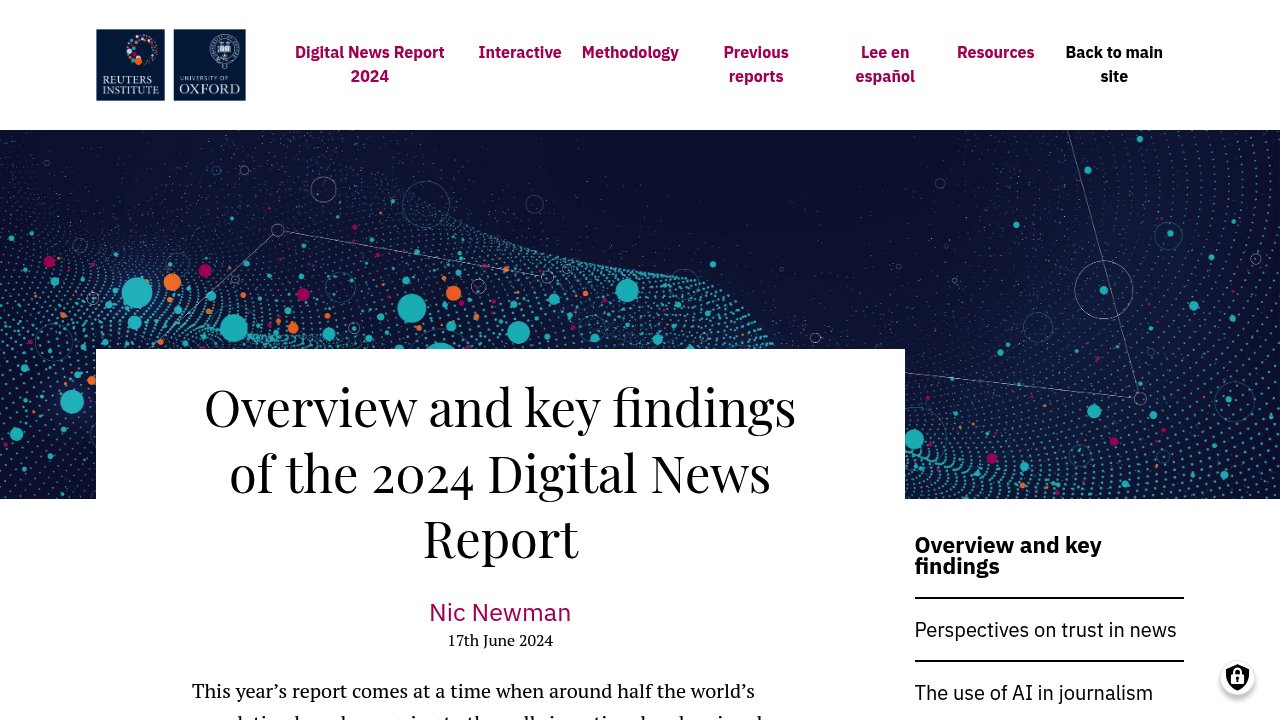 Reuters Institute 2024 Digital News Report showing audience trust concerns around AI-generated news content