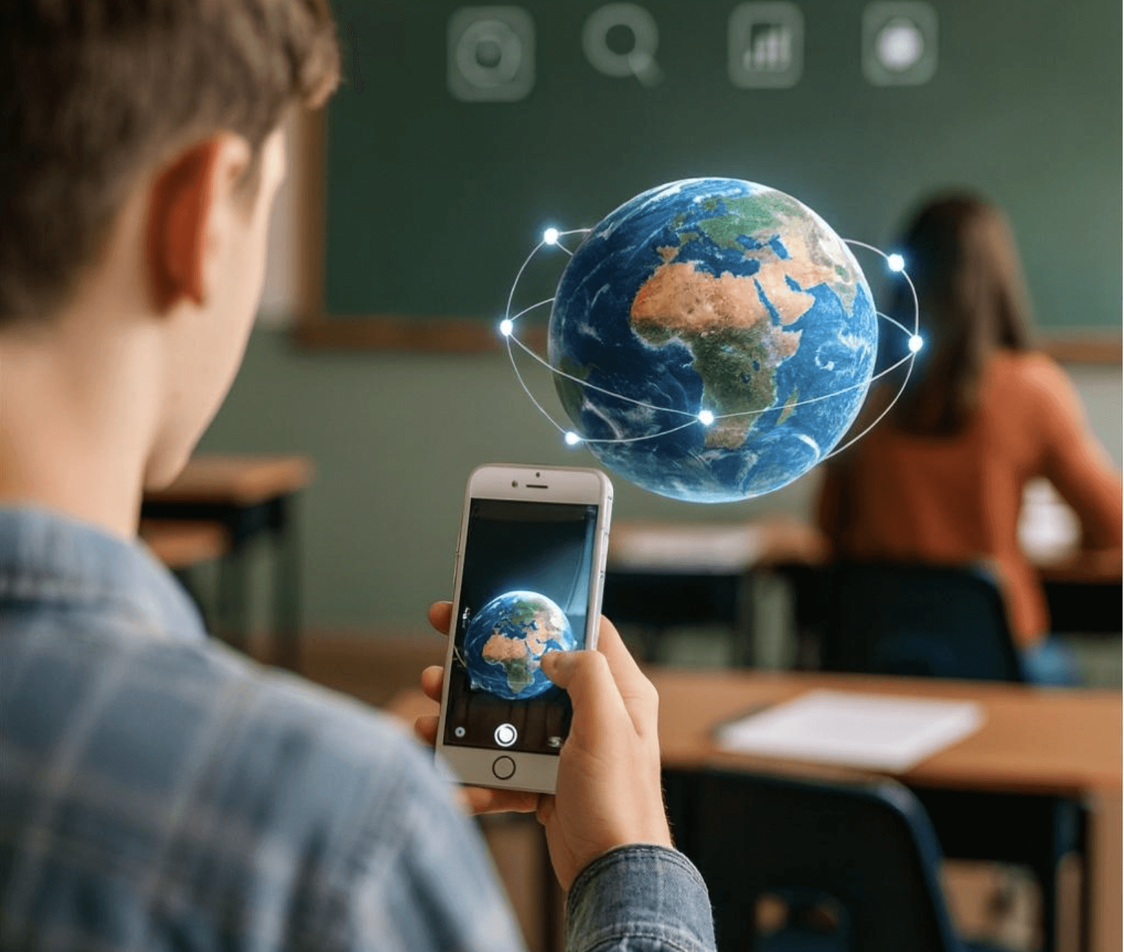 A student uses a smartphone in the classroom to view an augmented reality model, showing how AR brings interactive and engaging learning experiences into real educational environments.