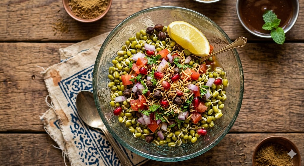 A top-down photograph of a healthy sprouted moong dal chaat served in a glass bowl on a rustic wooden table. The chaat is mixed with black chickpeas and topped with chopped red onion, tomatoes, fresh cilantro, pomegranate seeds, sev (thin noodles), and a sprinkle of spices. A lemon wedge and a small spoon are in the bowl, flanked by vintage cutlery, a patterned napkin, and small bowls of spices and chutney.