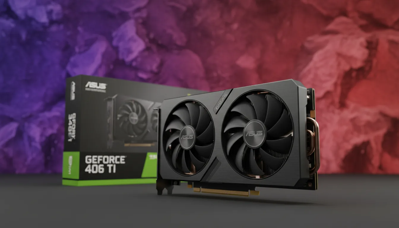 DSLR commercial product photography of an ASUS DUAL GeForce RTX 4060 Ti graphics card. The black, dual-fan GPU is angled in the foreground, sharply in focus. Behind it to the left, its retail box is slightly out of focus. The scene is lit with soft studio lighting, highlighting the matte black plastic and metallic textures. The background is a stylized, abstract rocky terrain with a dramatic color gradient from deep purple to a warm, textured red.